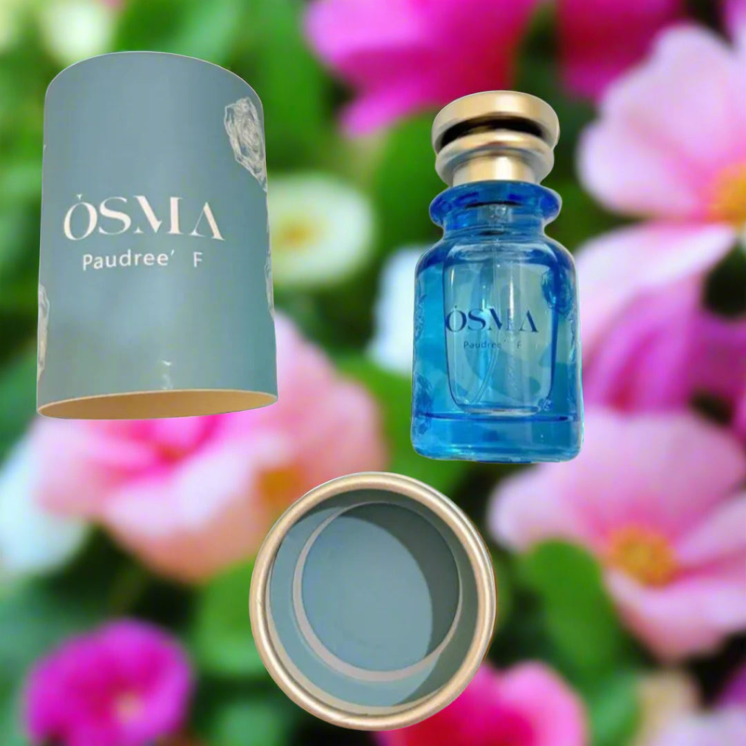 Blue Osma bottle and cylindrical container on a floral-patterned background