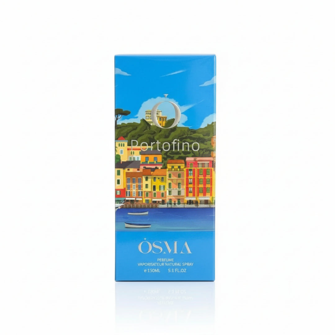 Osma Portofino perfume packaging with scenic design on a white background