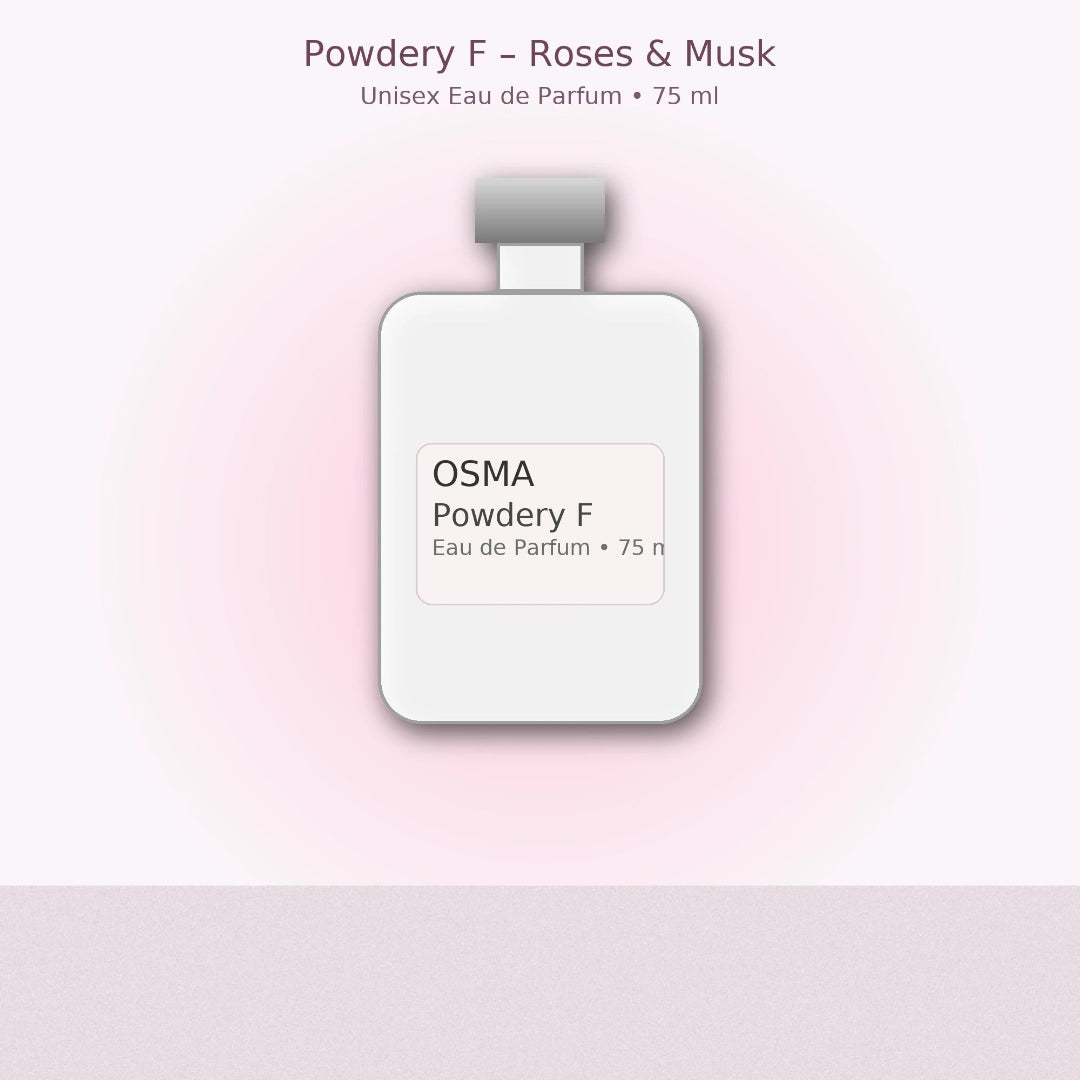 OSMA Powdery F Eau de Parfum bottle on a light pink background