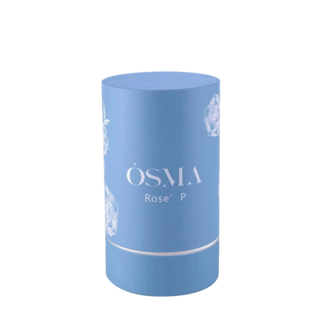 Blue cylindrical container with 'OSMA' branding on a light gray background