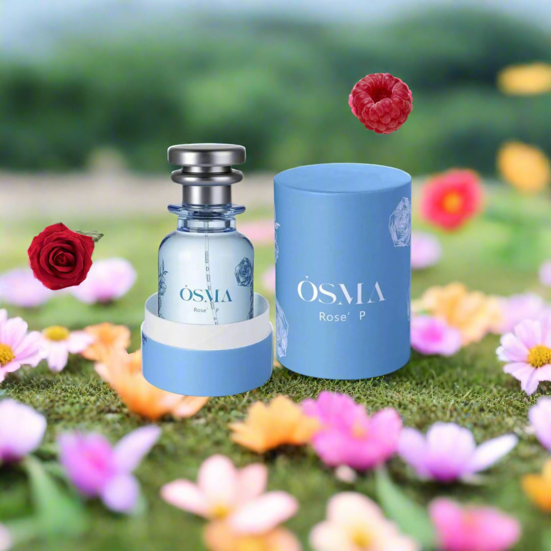 OSMA Rose P perfume bottle and packaging on a light blue background with ingredients listed.