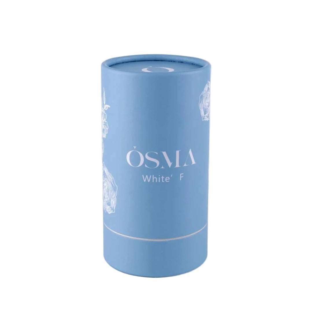Blue cylindrical container with 'OSMA' branding on a light gray background