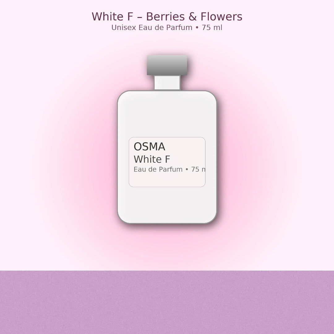 OSMA White F Eau de Parfum bottle on a pink and purple gradient background