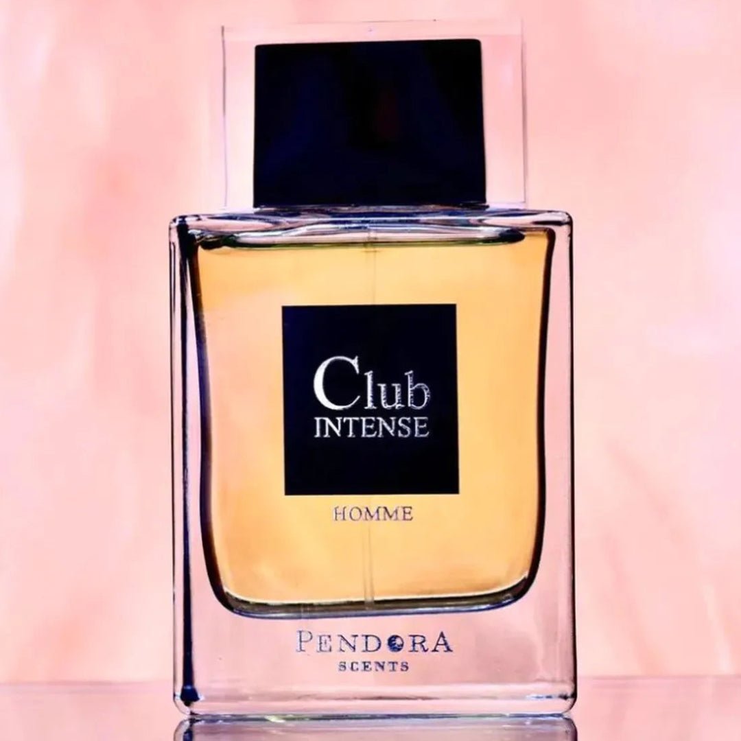 Perfume bottle labeled 'Club Intense' by Pendora Scents on a pink background