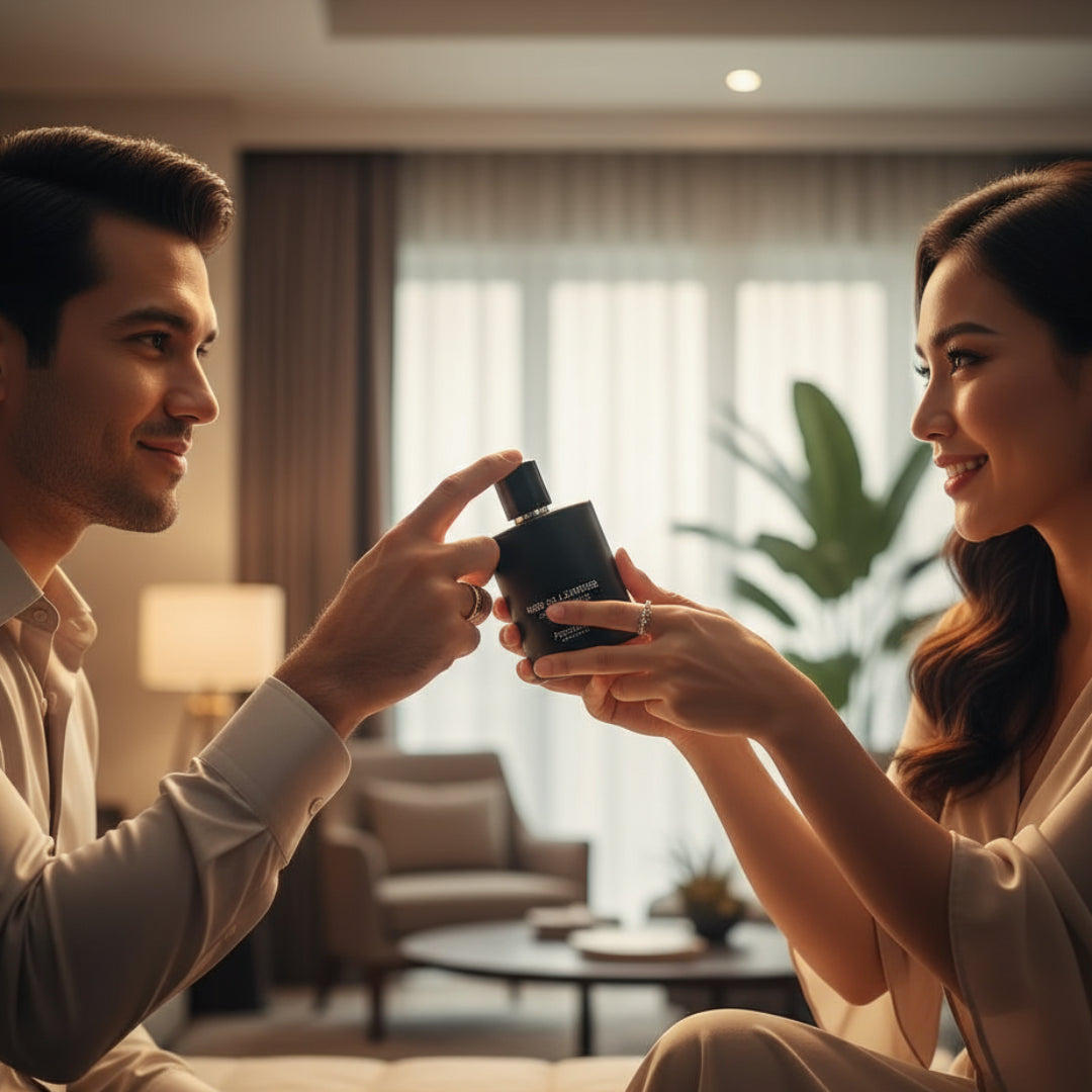 Noir En Leather Black perfume bottle Noir En Leather with Malaysian man and woman playfully reaching for the same perfume bottle in warm indoor light &ndash; elegant romantic perfume scene Malaysia.