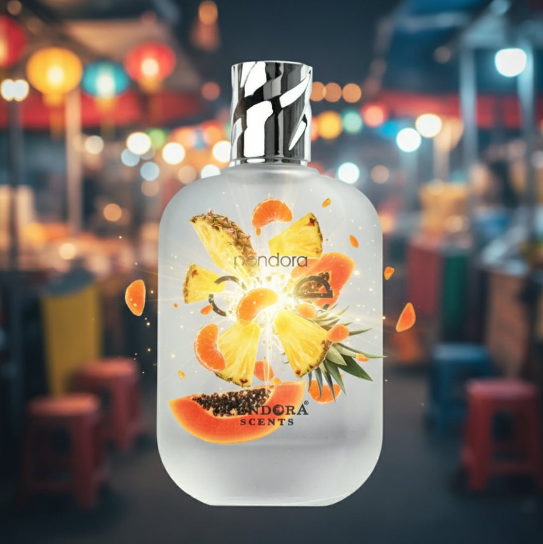 Pendára One perfume bottle with cityscape in the background