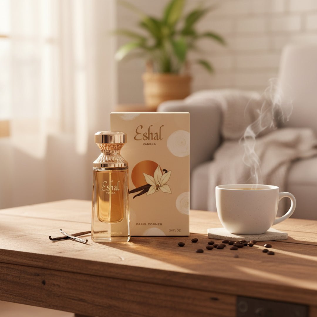 Eshal Vanilla atas meja kopi pagi, mood tenang sweet