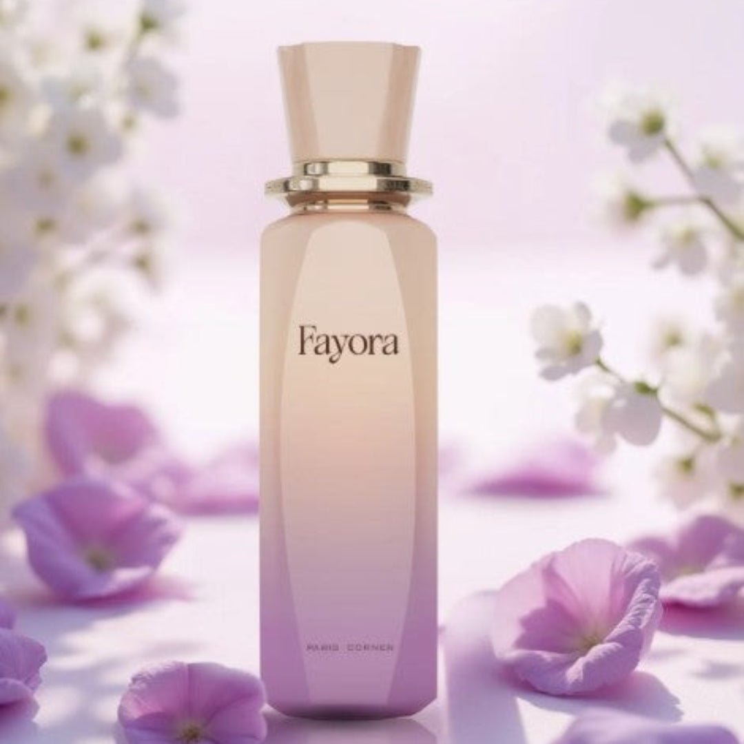 Perfume bottle labeled 'Fayora' with flowers in the background