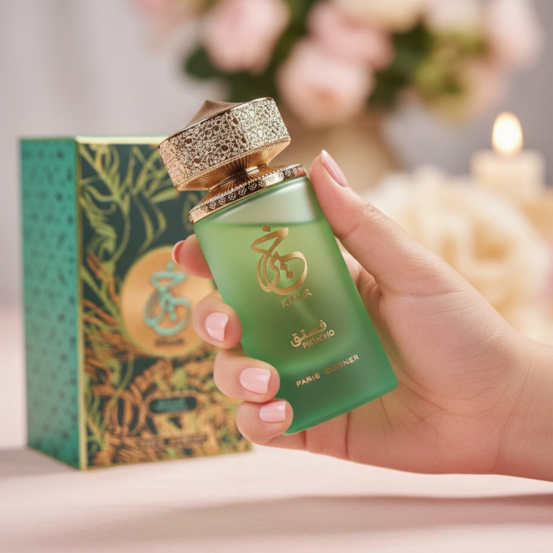 Tangan wanita Malaysia memegang Khair Pistachio, vibe lembut manis