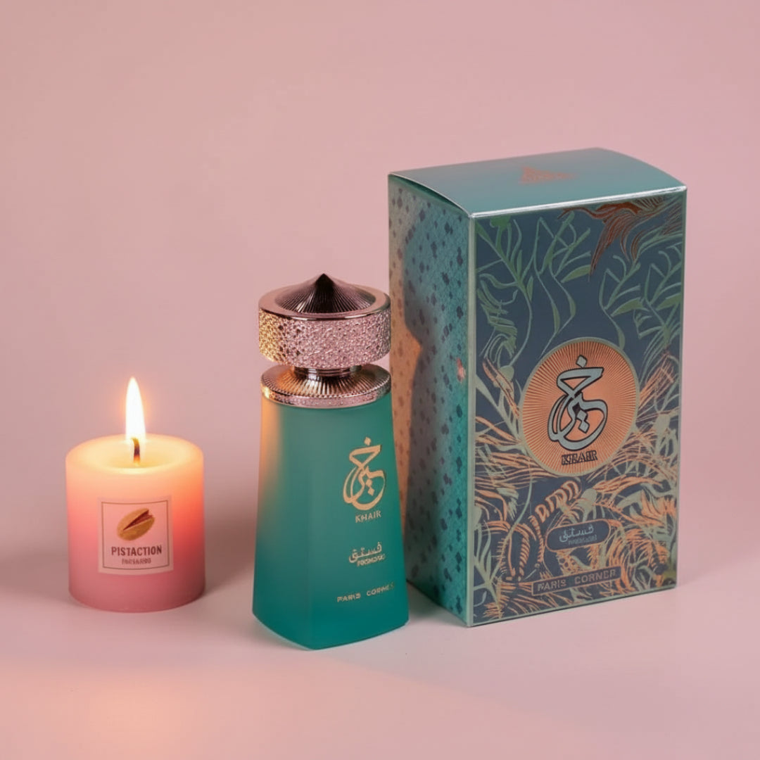 Khair Pistachio dengan lilin pink lembut, suasana romantik manis