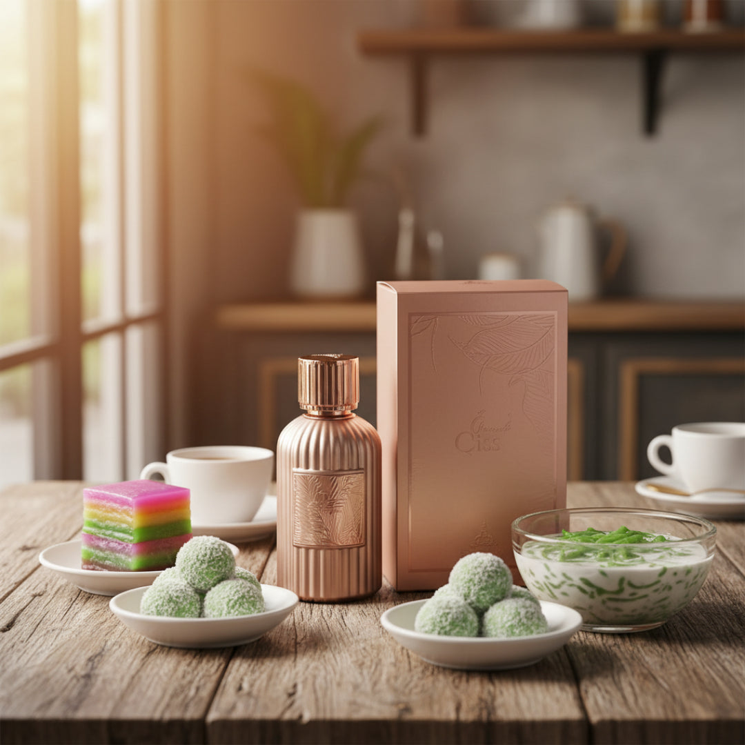 Qissa Delicious by Paris Corner – 100 ml for Women – Botol kaca emas dengan penutup hitam mewah.