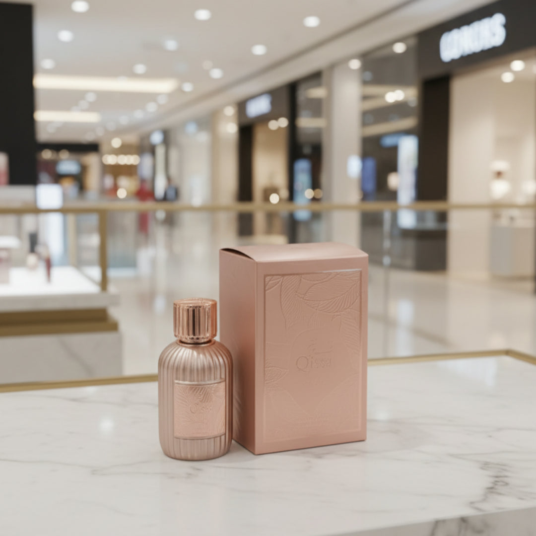 Qissa Delicious by Paris Corner – 100 ml for Women – Botol kaca emas dengan penutup hitam mewah.