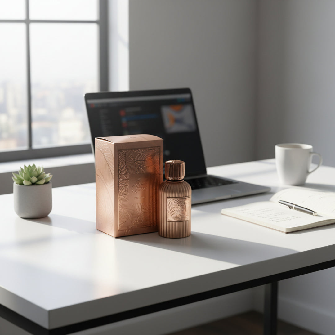 Qissa Delicious by Paris Corner – 100 ml for Women – Botol kaca emas dengan penutup hitam mewah.