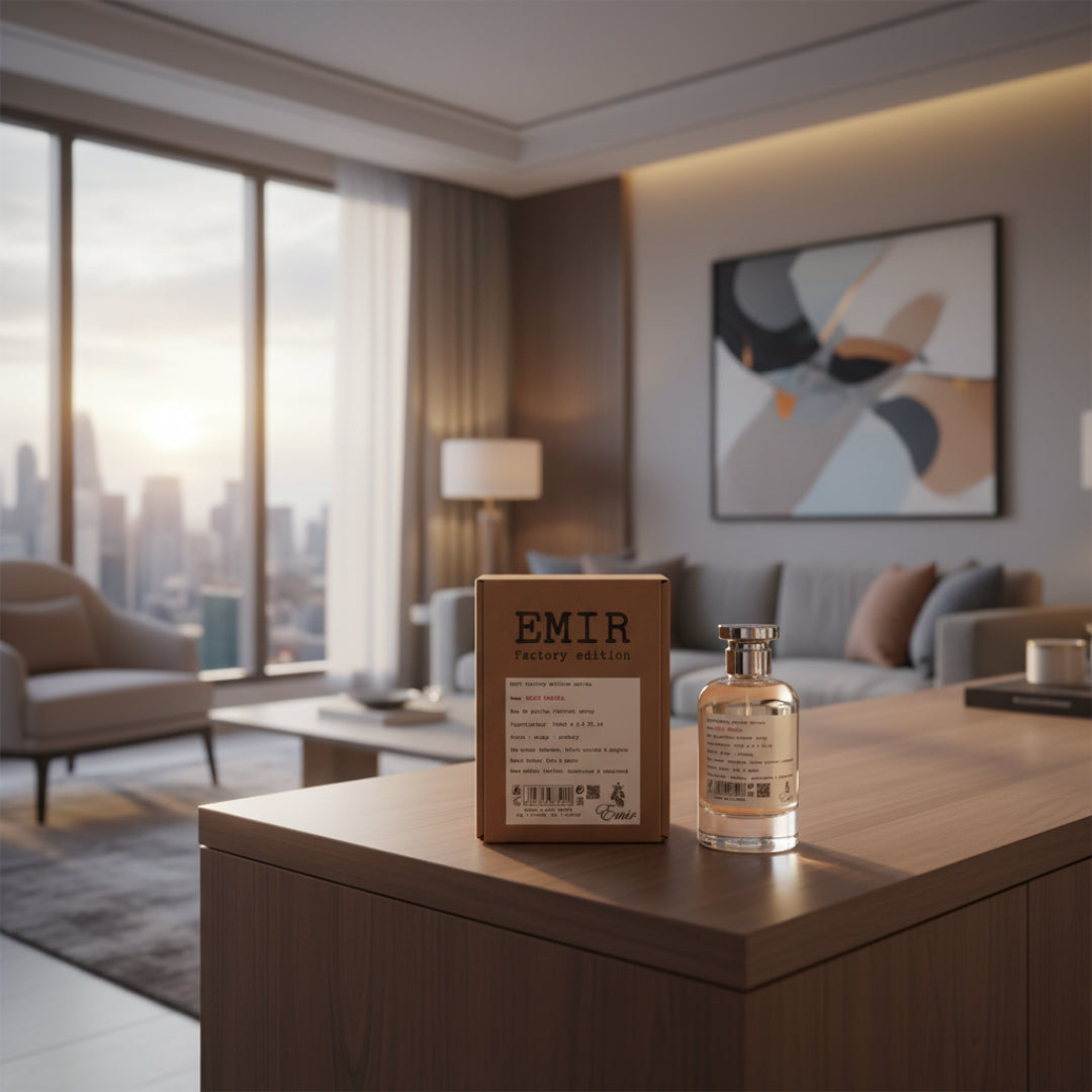 Rich Santal Emir dalam apartment moden Malaysia, lighting warm maskulin