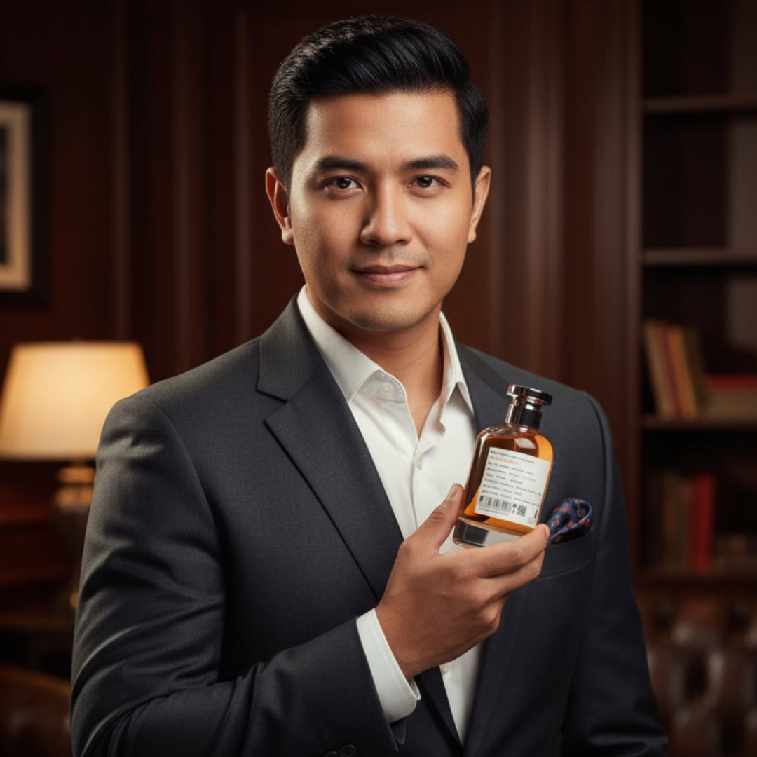 Lelaki Malaysia memegang Rich Santal Emir, gaya maskulin elegan