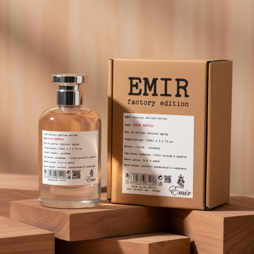 Rich Santal Emir atas blok kayu cendana, gaya woody minimal lelaki Malaysia