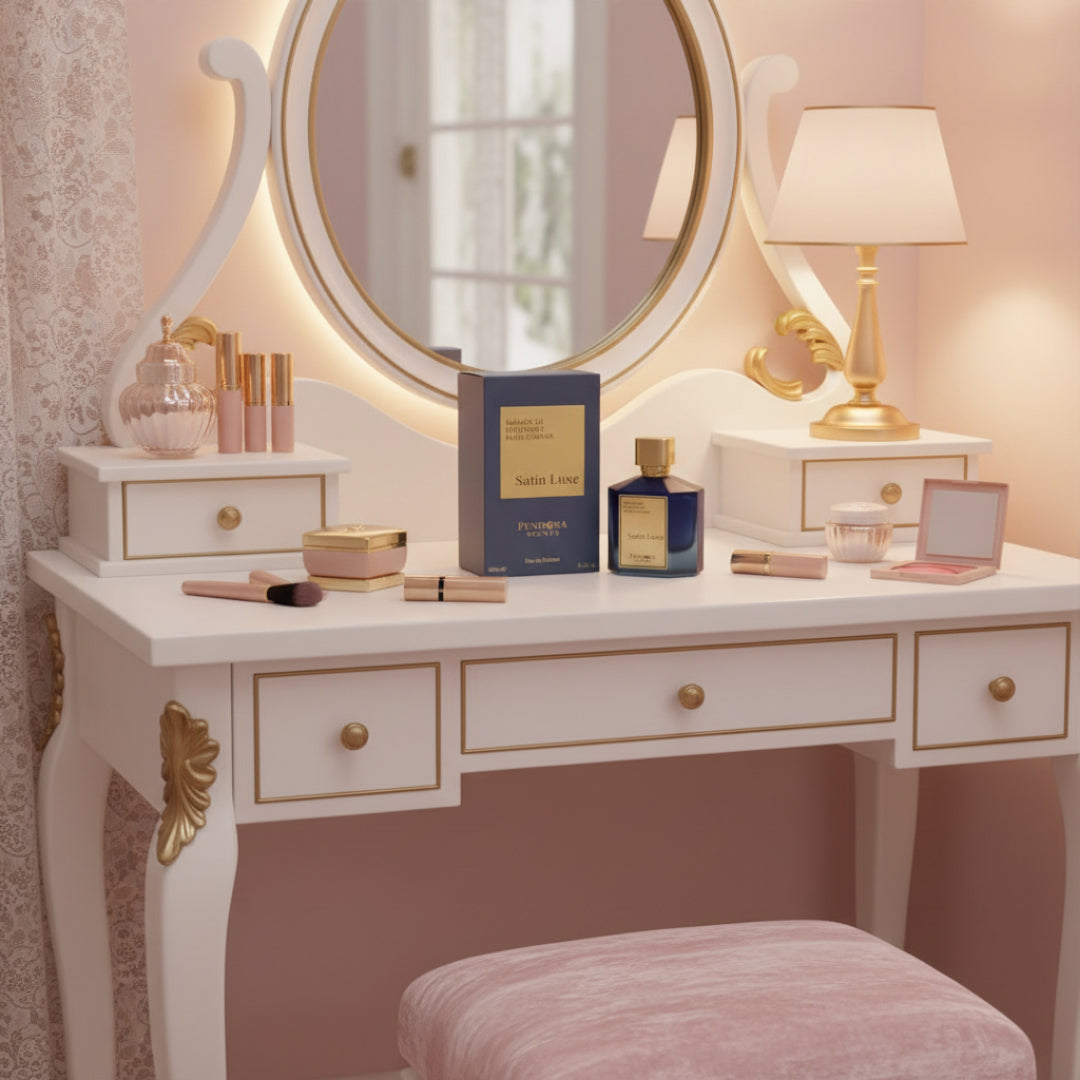 Satin Luxe atas meja solek wanita Malaysia, vibe glam manis