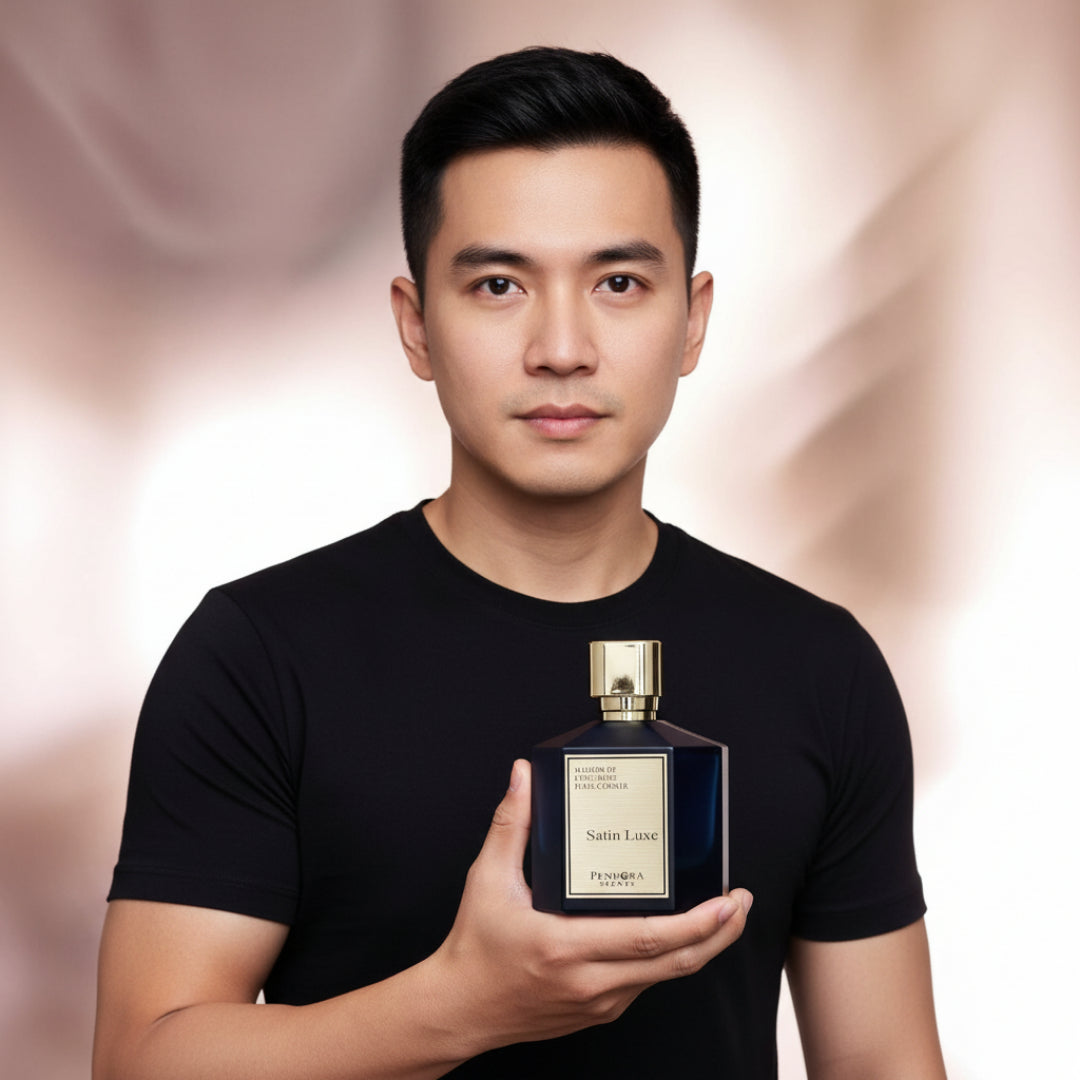 Lelaki Malaysia berbaju hitam memegang Satin Luxe for Men