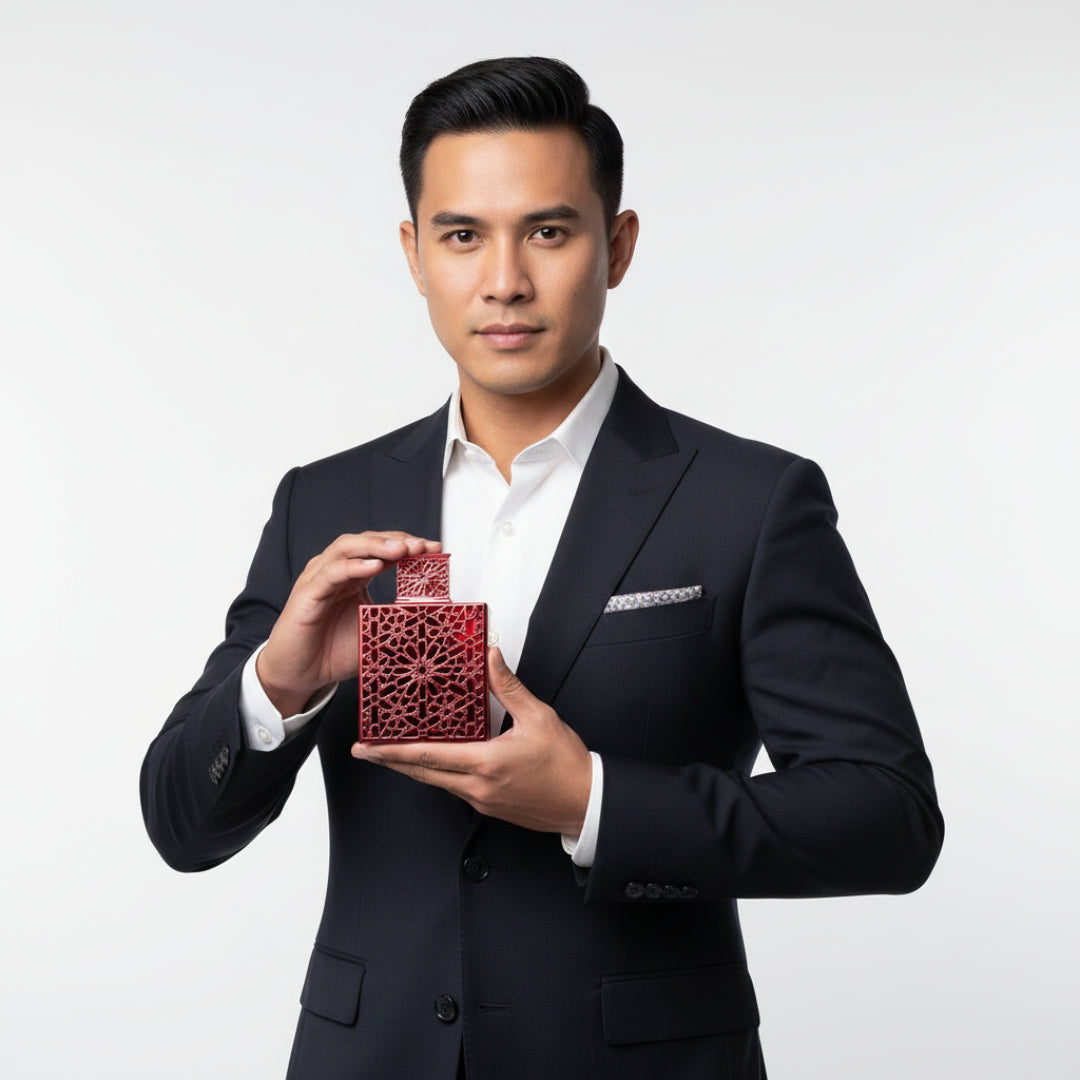 Lelaki Malaysia memegang Rayhaan Crimson, gaya yakin maskulin