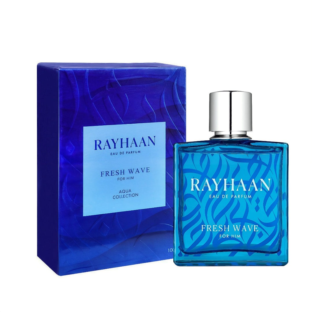 Rayhaan Fresh Wave perfume bottle and packaging on a white background