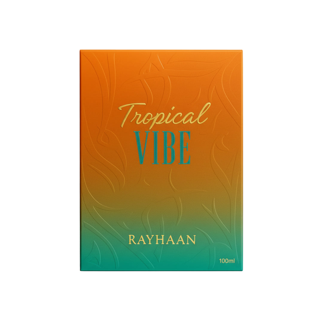 Product packaging with 'Tropical Vibe' and 'Rayhaan' text on an orange to green gradient background.