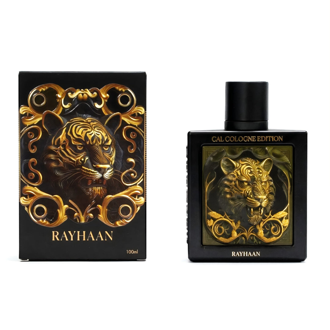 Box dan botol Tiger Cal Cologne Rayhaan fragrance lelaki sporty clean vibe premium Malaysia