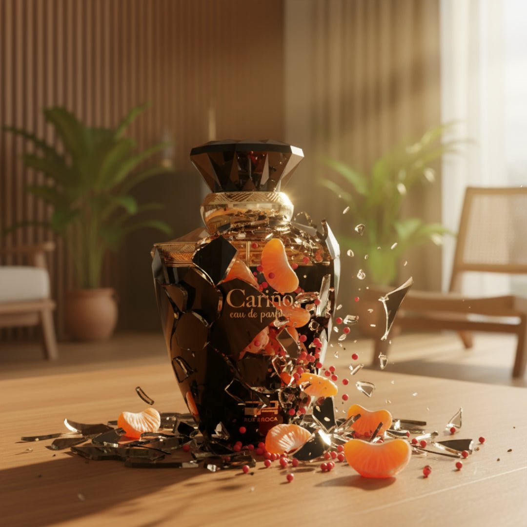 Carino Black Pour Femme by Rue Broca &ndash; Broken perfume bottle with scattered orange petals on a wooden surface, with 'Carino' branding.