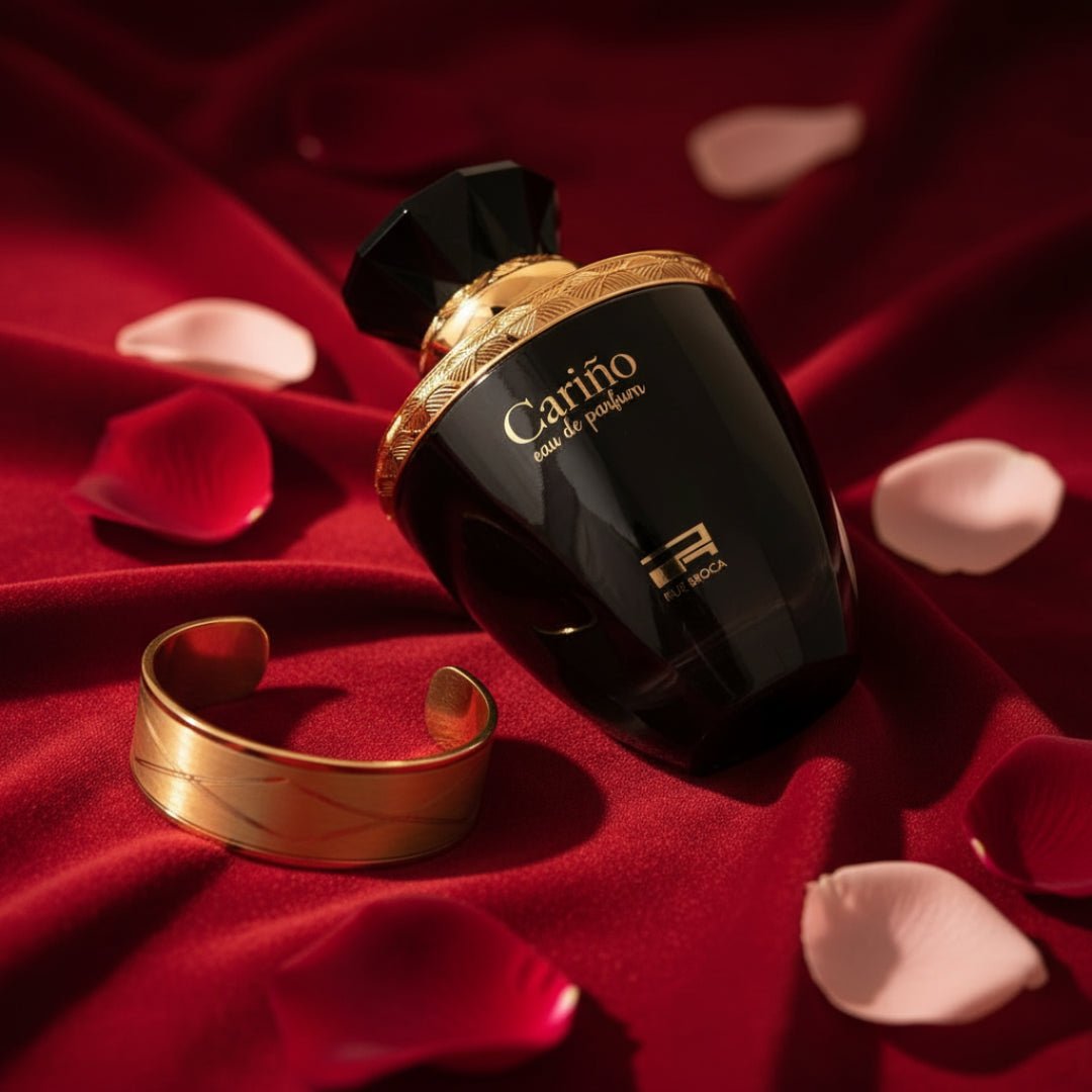 Carino Black by Rue Broca perfume bottle on velvet cloth with gold bracelet luxury women scent Malaysia