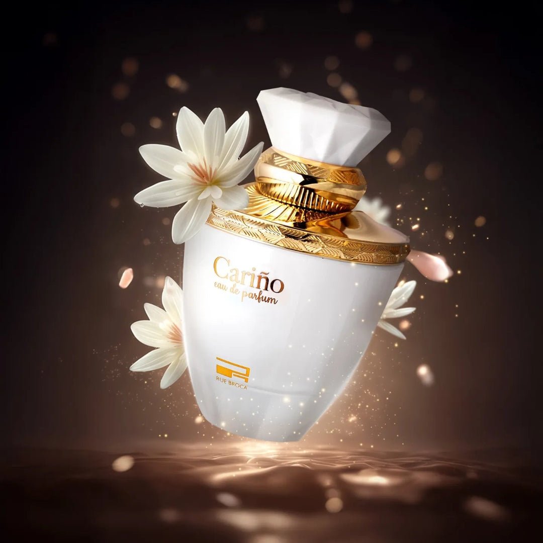Perfume bottle with gold accents and white flowers on a dark background