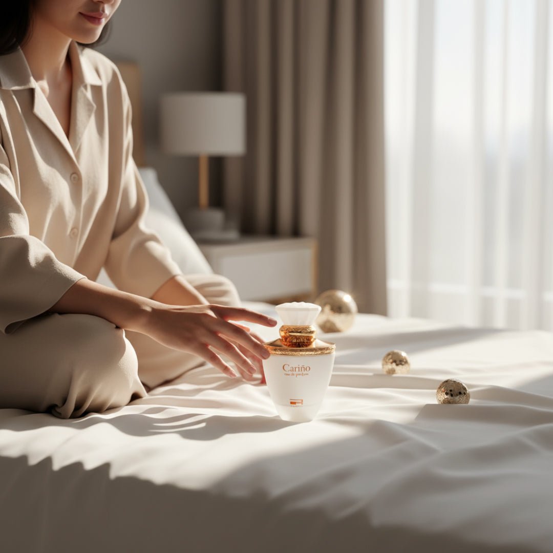 Carino White by Rue Broca perfume bottle on white sheets morning women fragrance Malaysia”