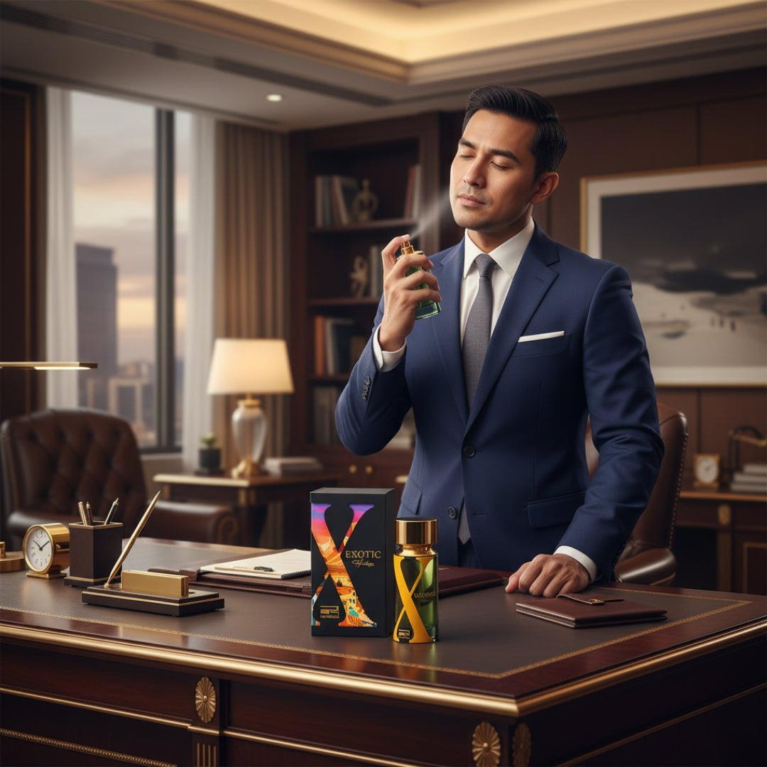 Malay man spraying Rue Broca Exotic Heritage perfume bottle and box executive desk luxury men fragrance Malaysia
