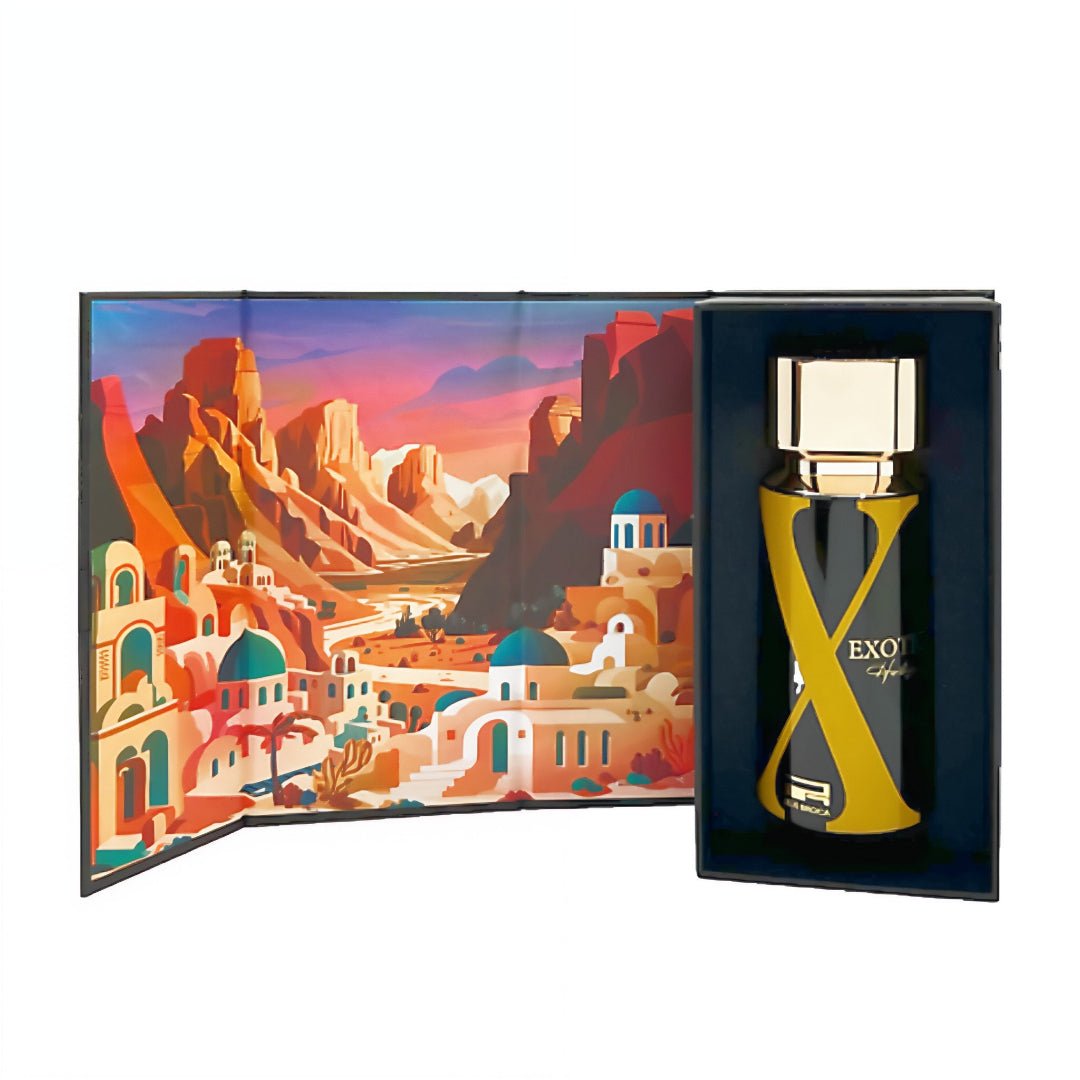 Box dan botol Exotic Heritage Rue Broca fragrance lelaki warm amber woody vibe elegan Malaysia