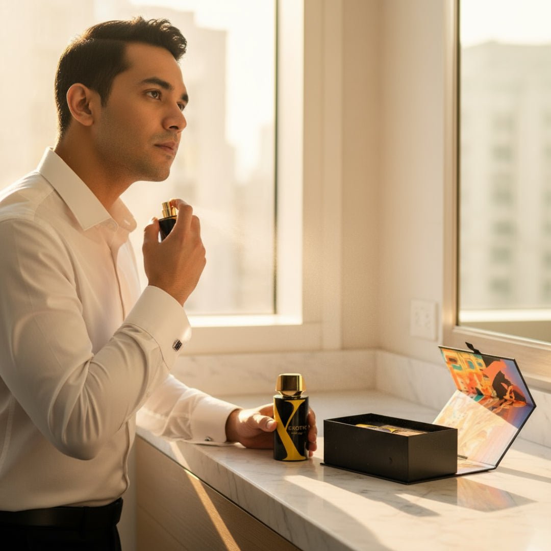 Malay man in white shirt using Rue Broca Exotic Heritage perfume on marble men scent Malaysia