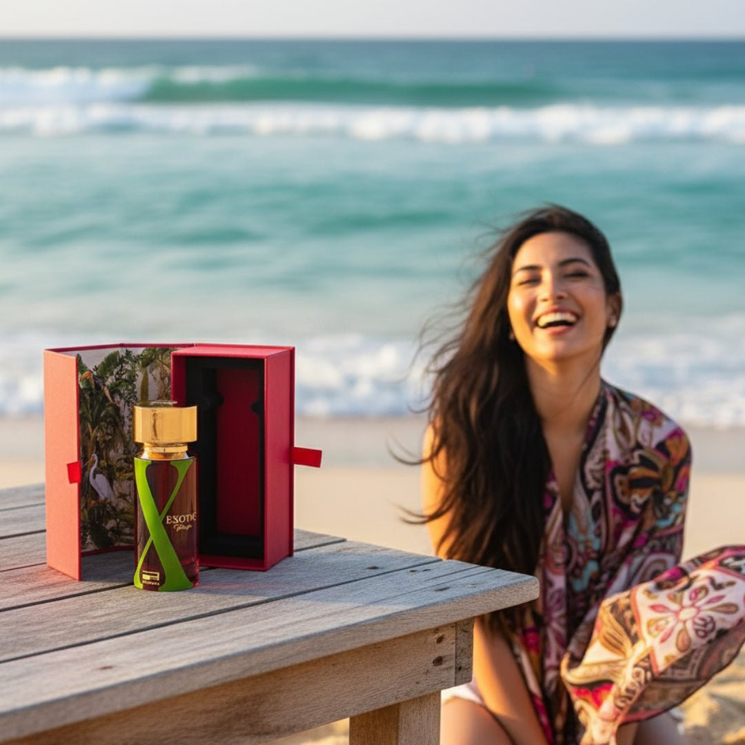 Exotic Paradise by Rue Broca 100ml EDP bottle and box beach breeze ocean background women fragrance Malaysia