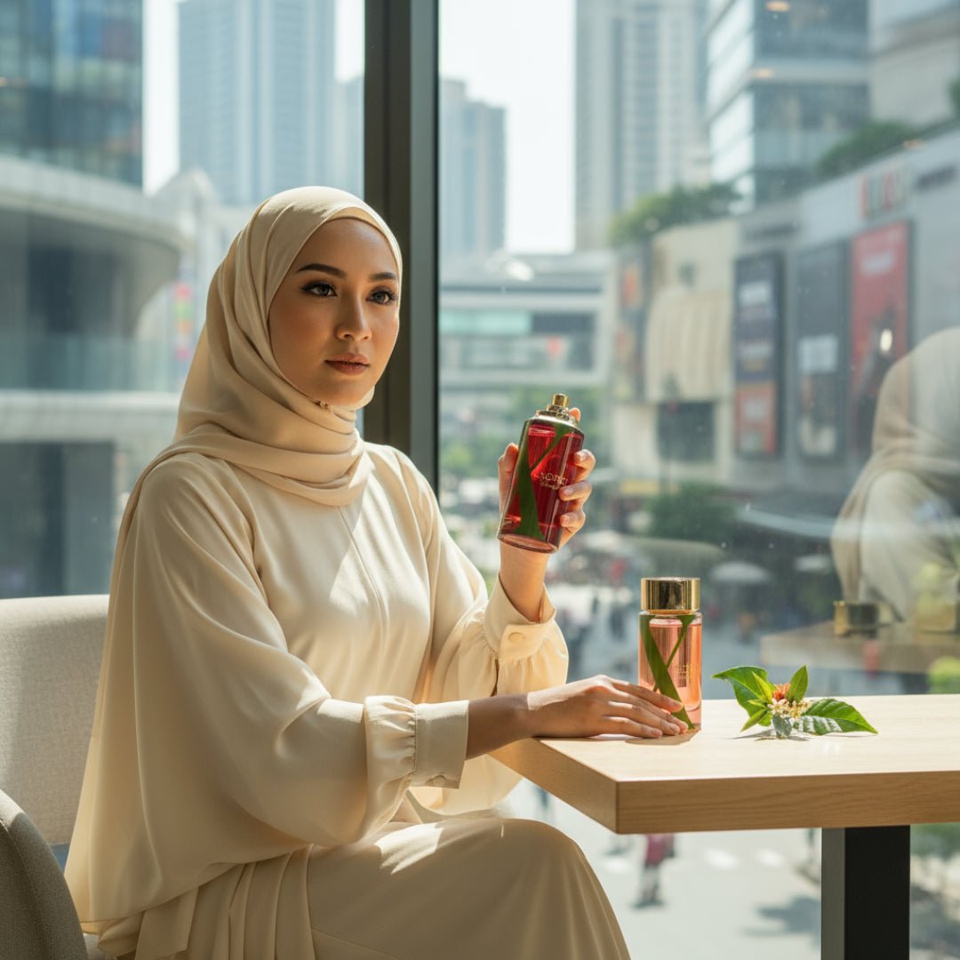 Exotic Paradise by Rue Broca 100ml EDP bottle and box in hands of Malaysian hijab woman happy gift moment