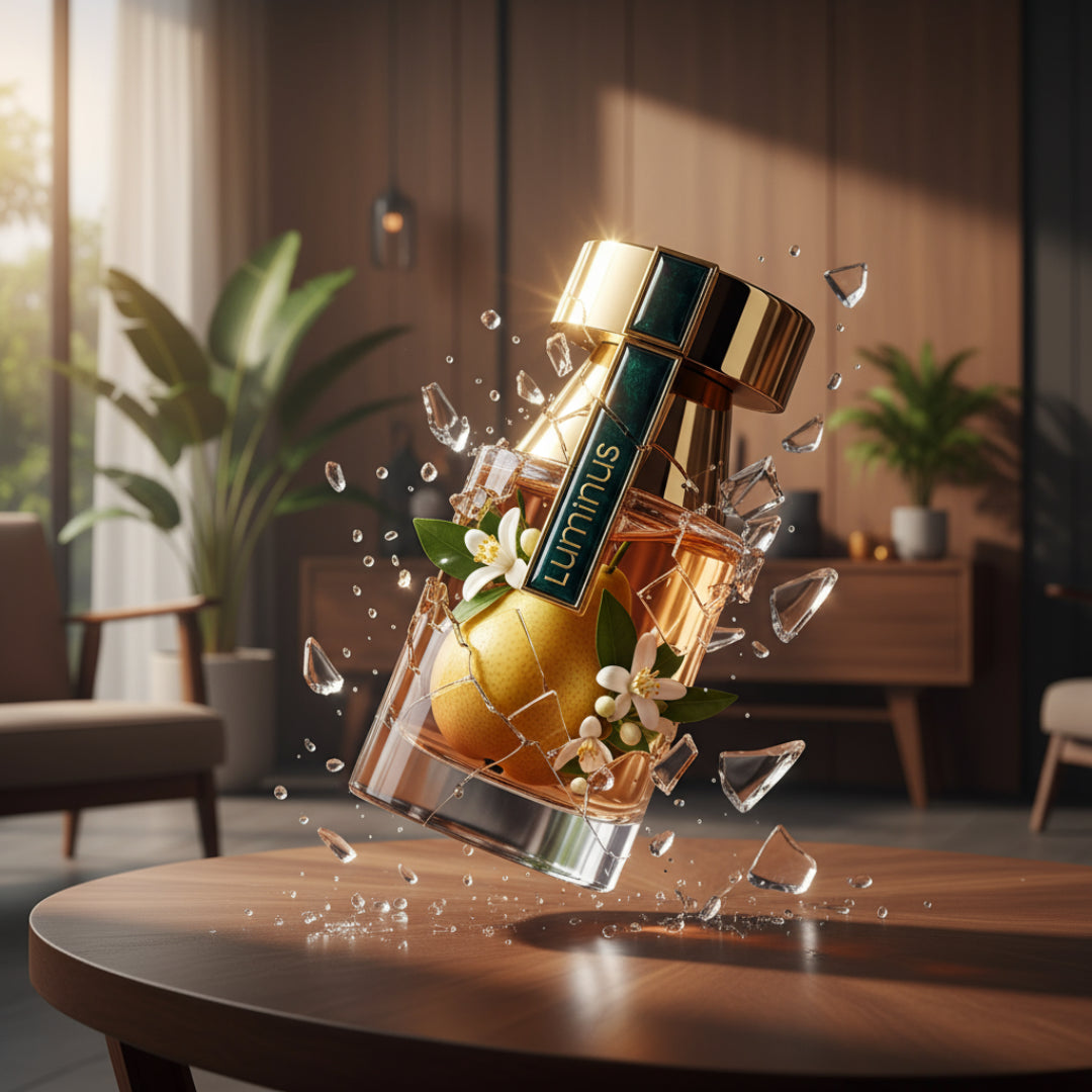 Luminus Pour Femme Gold and clear perfume bottle labeled 'Luminus' on a wooden table with a blurred indoor background