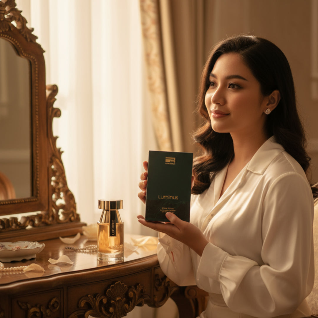 Malay woman by vanity with Luminus Pour Femme by Rue Broca perfume bottle and box luxury women fragrance Malaysia