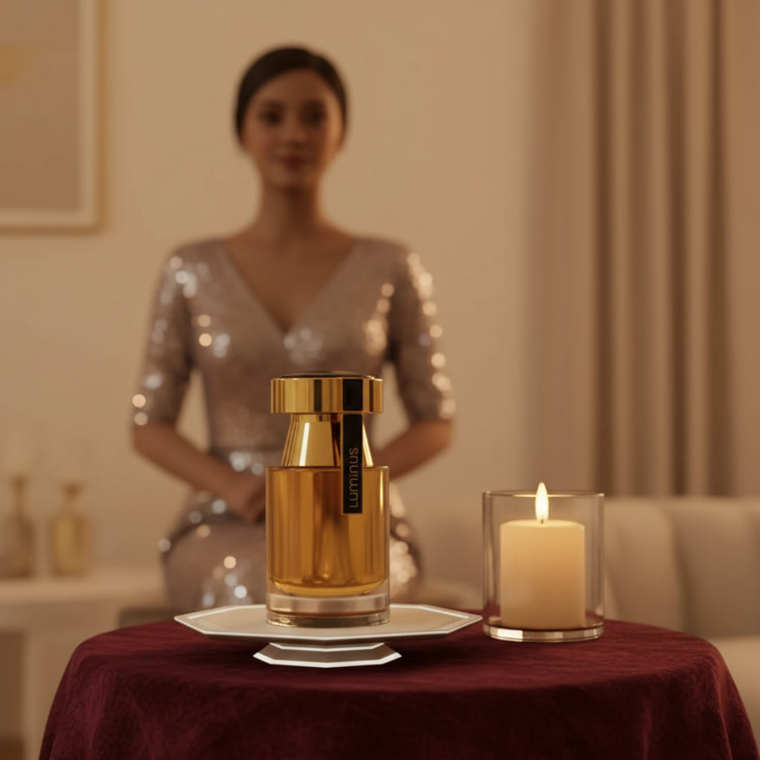 Luminus Pour Femme by Rue Broca perfume bottle velvet table candlelight women luxury Malaysia”