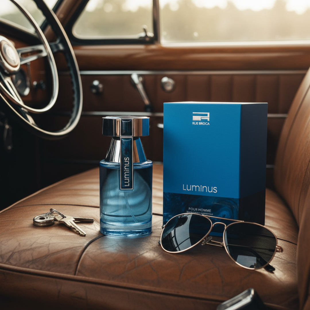 Rue Broca Luminus Pour Homme bottle and box on leather car seat classic car men fragrance Malaysia