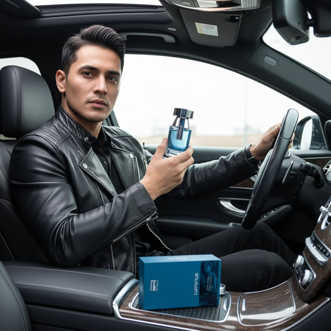 Malay man with Rue Broca Luminus Pour Homme bottle in leather jacket car men fragrance Malaysia