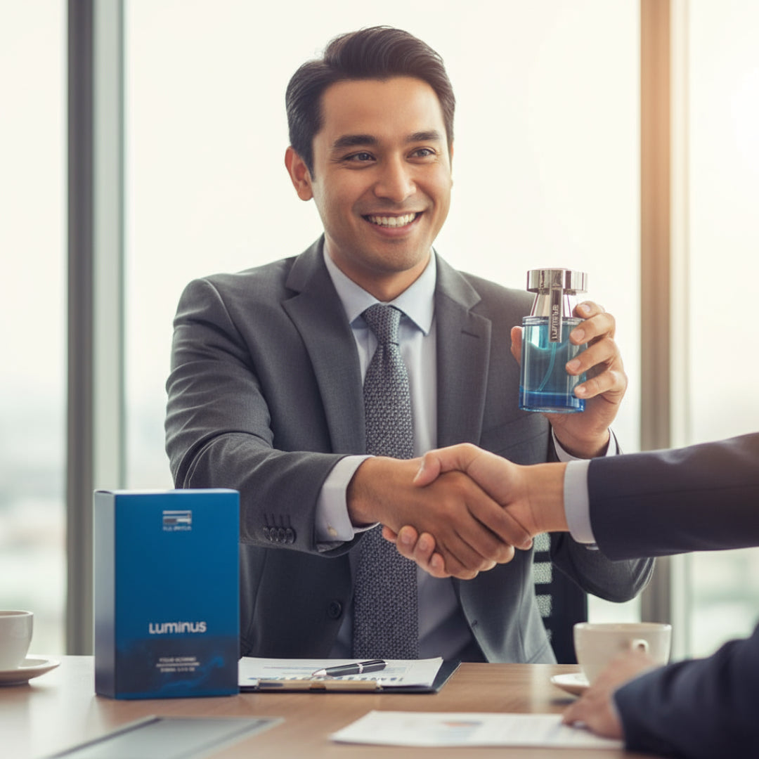 Malay man celebrating with Rue Broca Luminus Pour Homme bottle men fragrance Malaysia”