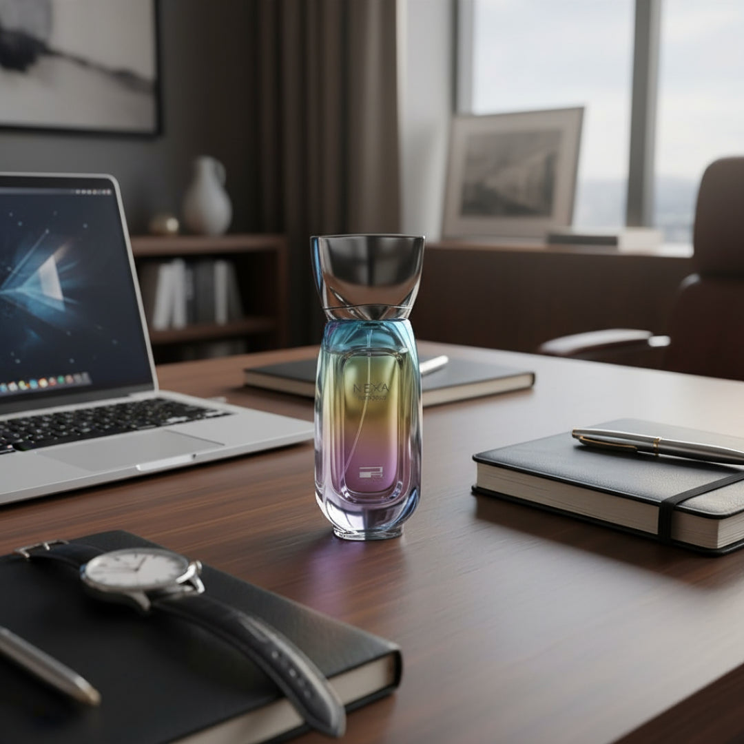 Nexa Immortal by Rue Broca 100ml EDP bottle and box on executive desk business men fragrance Malaysia