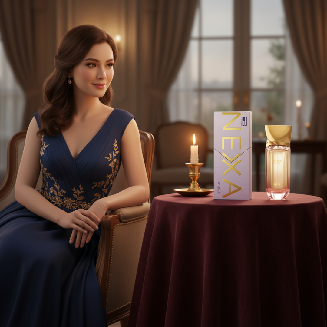 Rue Broca Nexa Musee perfume bottle on velvet table candlelight women luxury scent Malaysia”