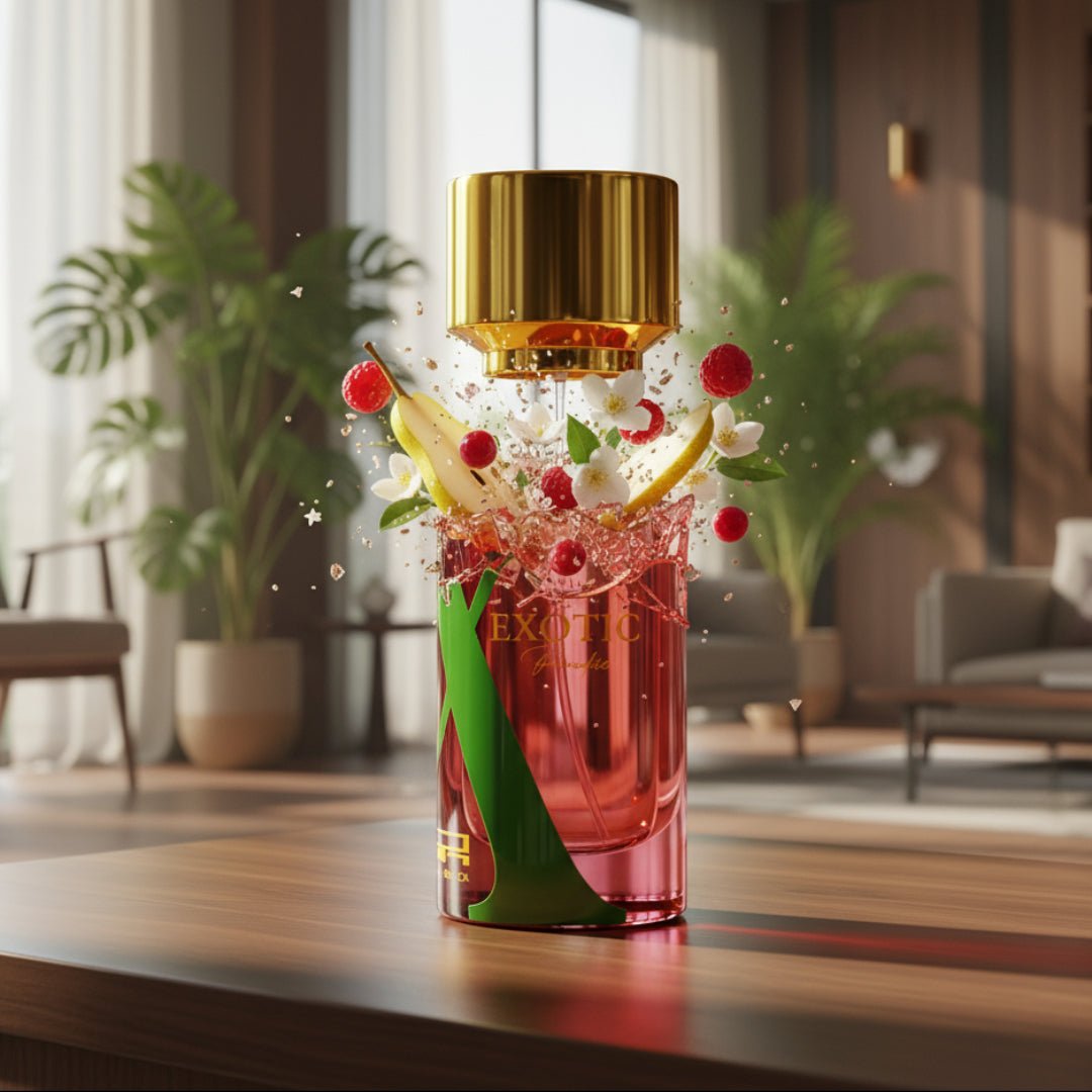 Rue Broca Exotic Decorative glass with red liquid and gold top on a wooden table in a modern living room.