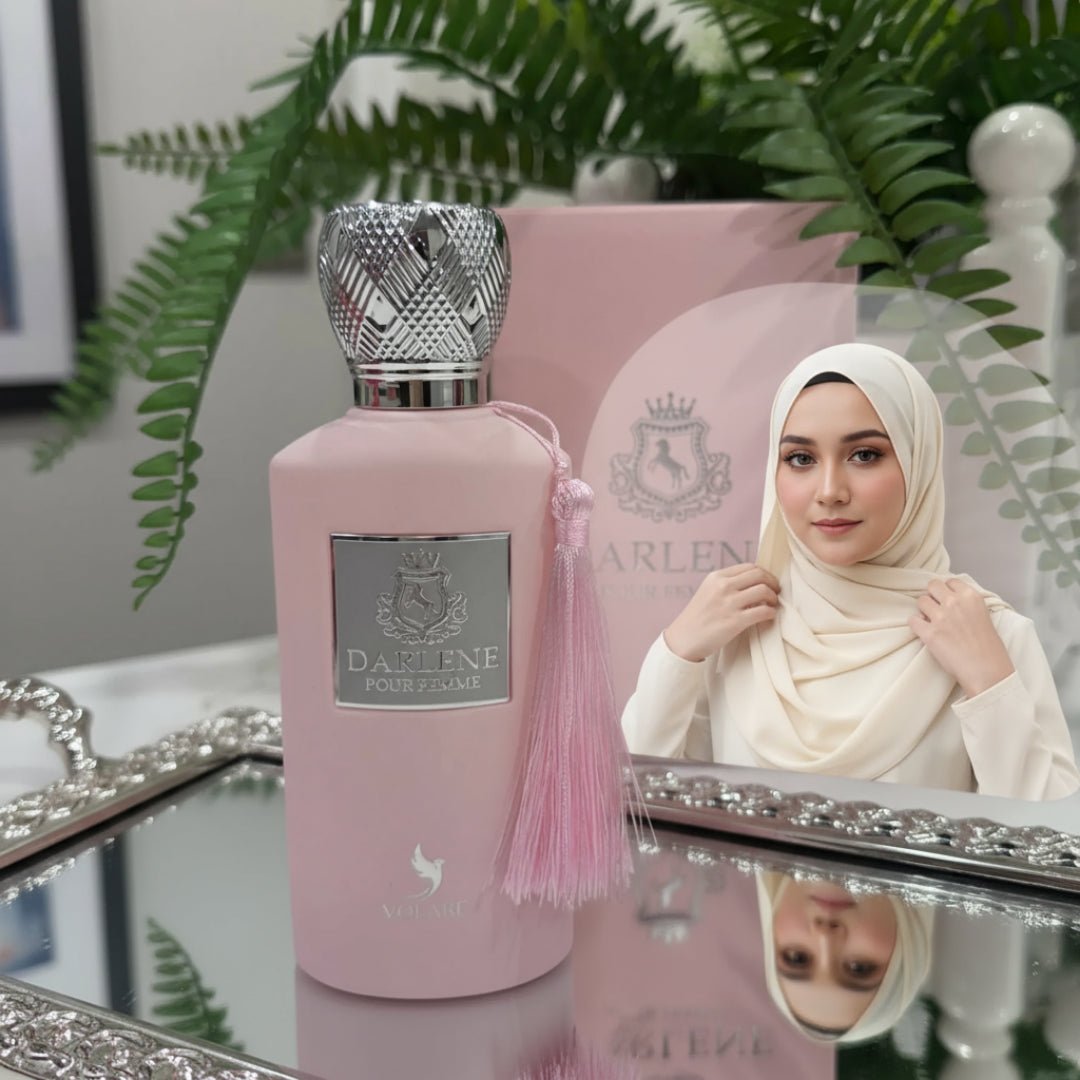 Darlene Pour Femme by Volare perfume on mirror tray reflection hijab women scent Malaysia
