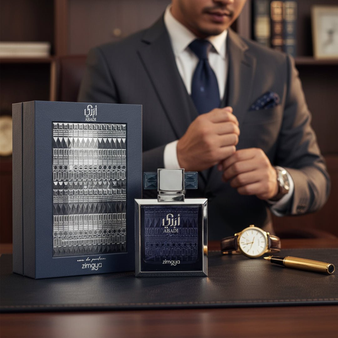 Zimaya Abadi Opulent perfume bottle on leather desk executive men scent Malaysia