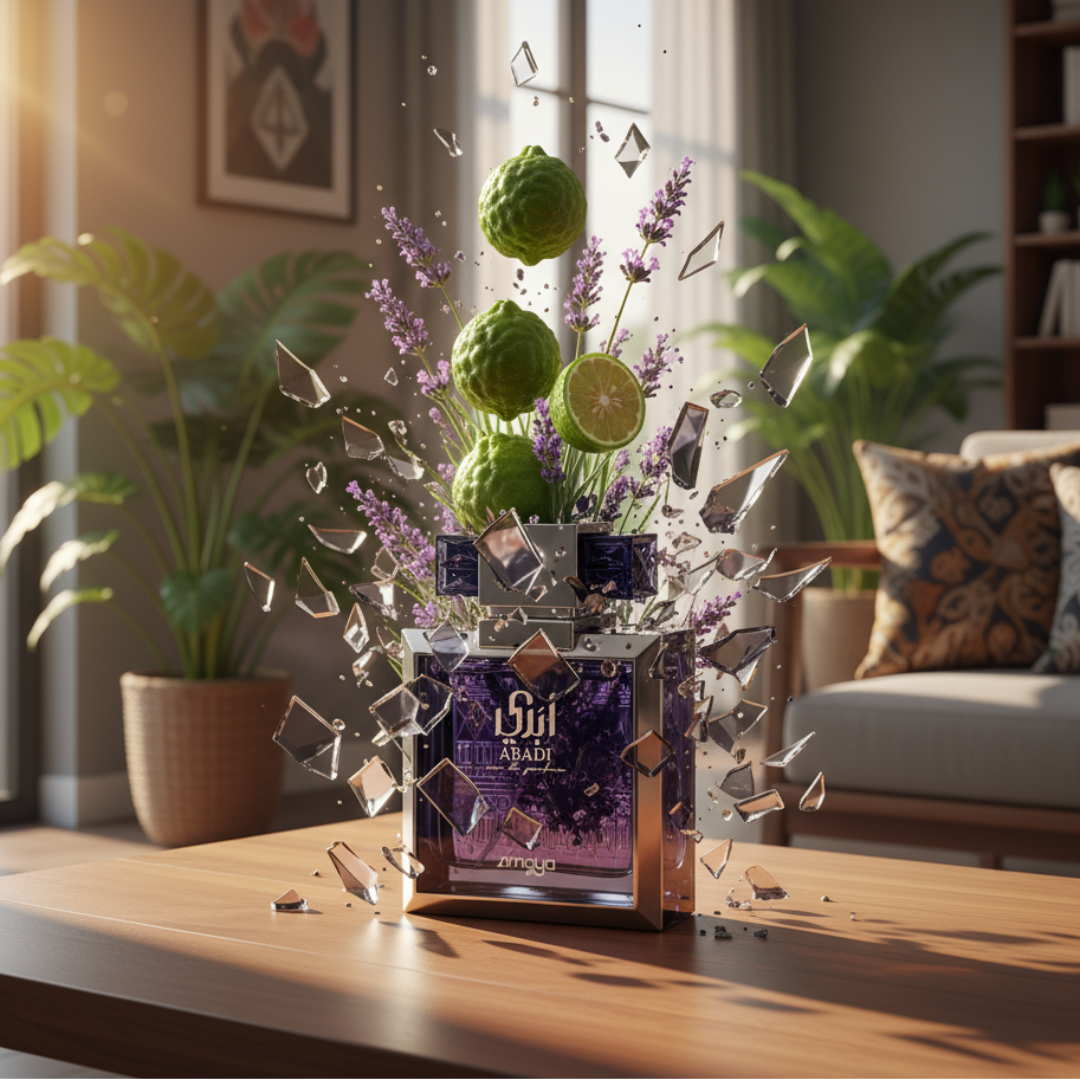 Perfume bottle with 'Abadi' branding on a white background