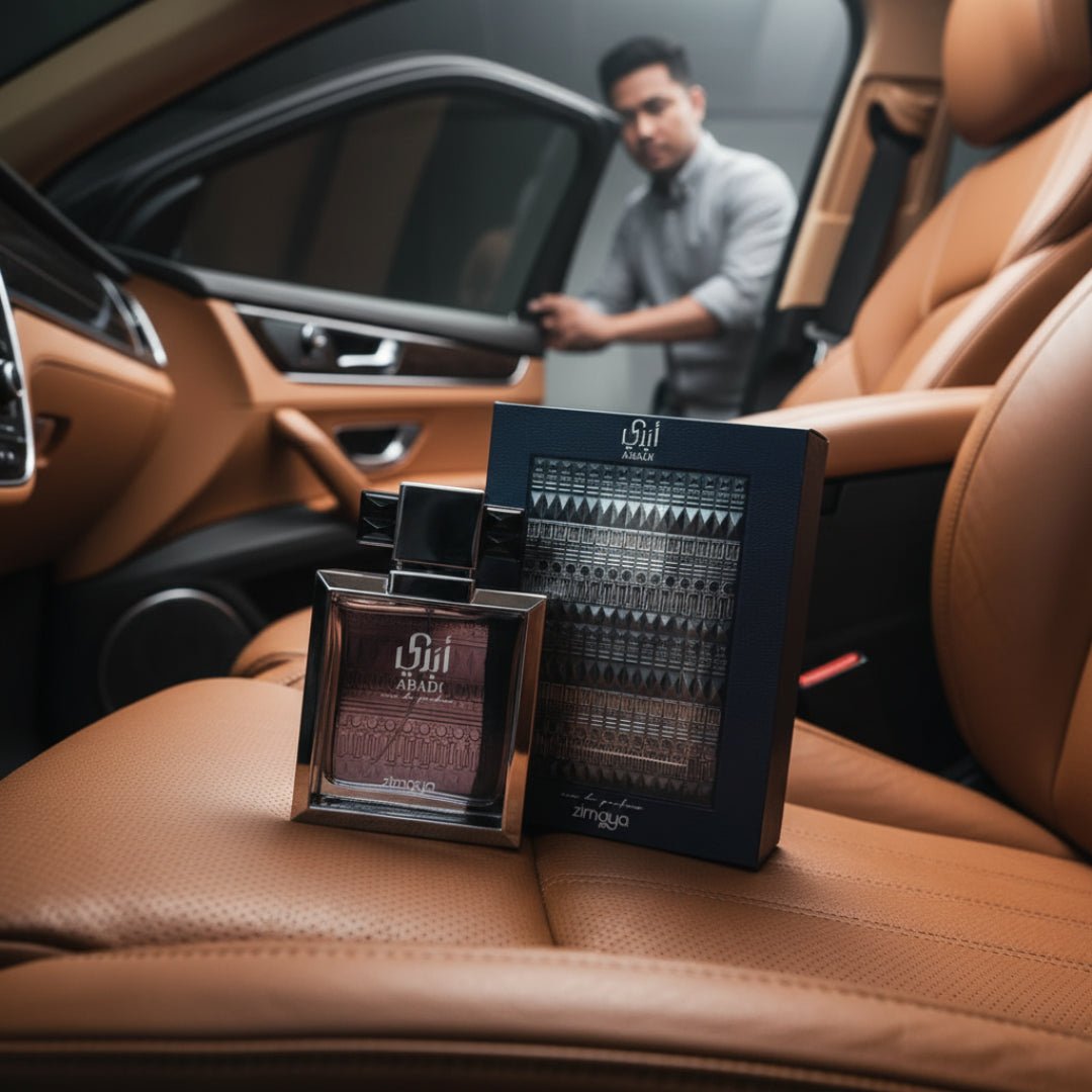 Zimaya Abadi Opulent perfume bottle on leather car seat ambient lighting men fragrance Malaysia