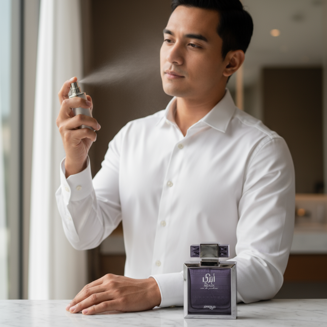 Malay man in white shirt with Zimaya Abadi Opulent perfume on marble morning men scent Malaysia