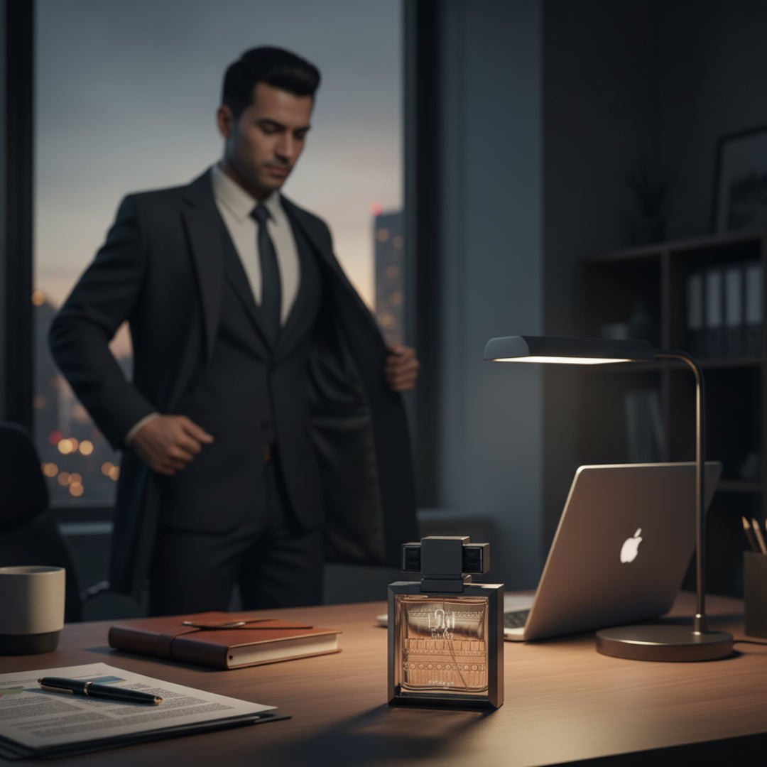 Zimaya Abadi Saga perfume bottle on desk after hours men scent Malaysia